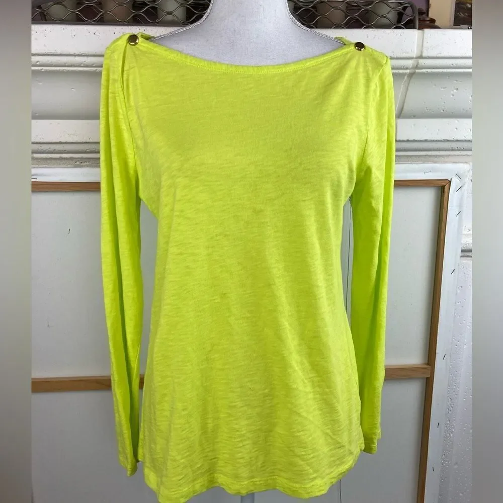 JCrew Painter T long sleeved bright citron boat neck, brass buttons on shoulders